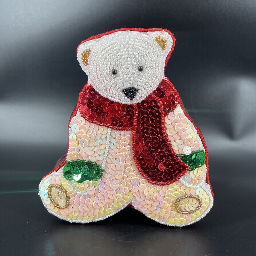 VTG The Lindy Bowman Company Holiday Sequin Bear Shaped Gift Box READ